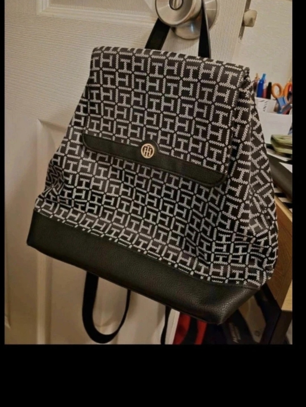 Tommy Hilfiger Black & White Logo-Pattern Backpack